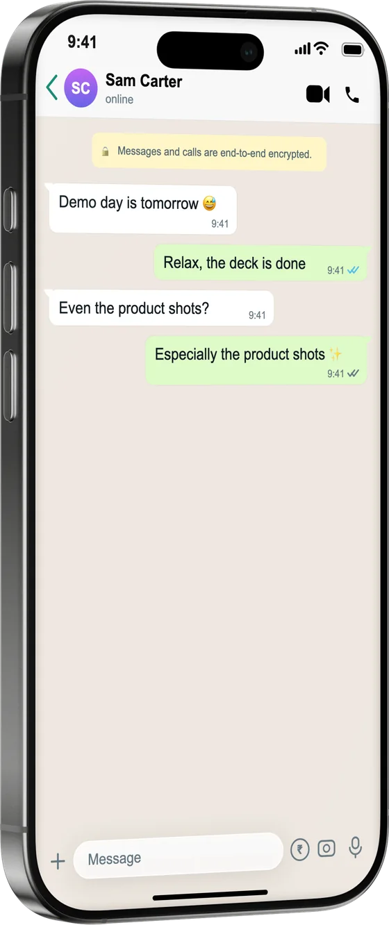 Photoreal iPhone 16 Pro mockup with a WhatsApp screenshot